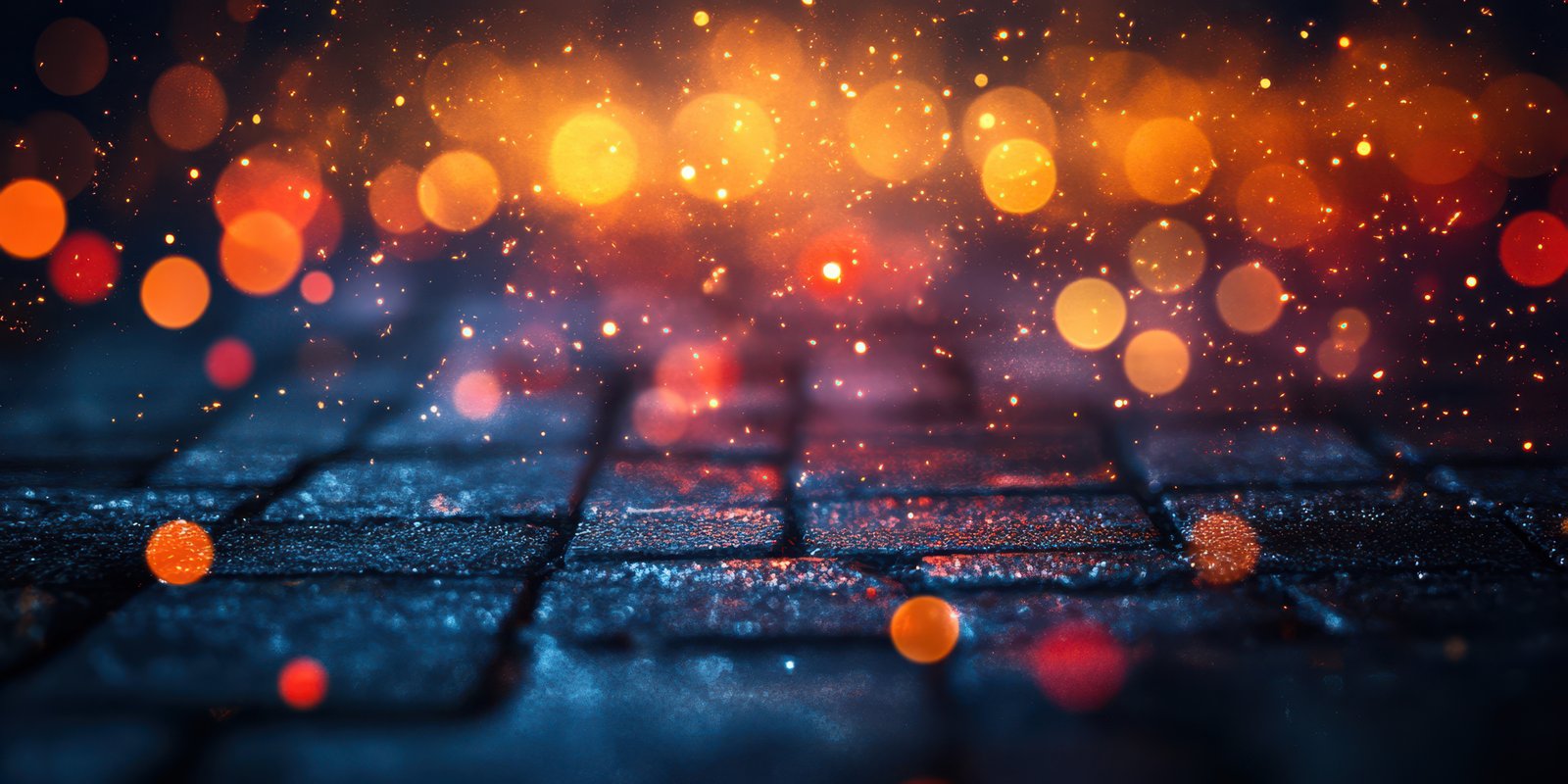 Delicate sparks illuminate a cobblestone path during a nighttime celebration in a vibrant urban setting